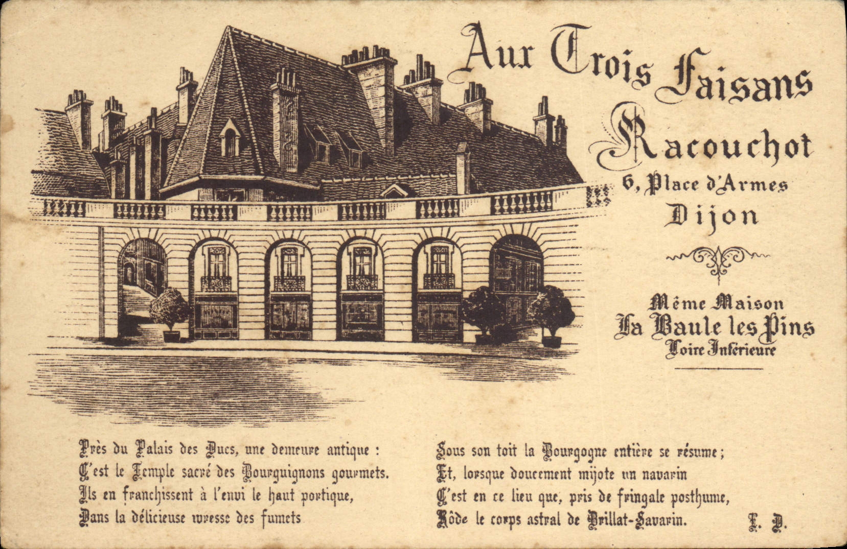 Vintage Postcard Cooks With the Three Pheasants Racouchot Place Restoring Dijon weapons