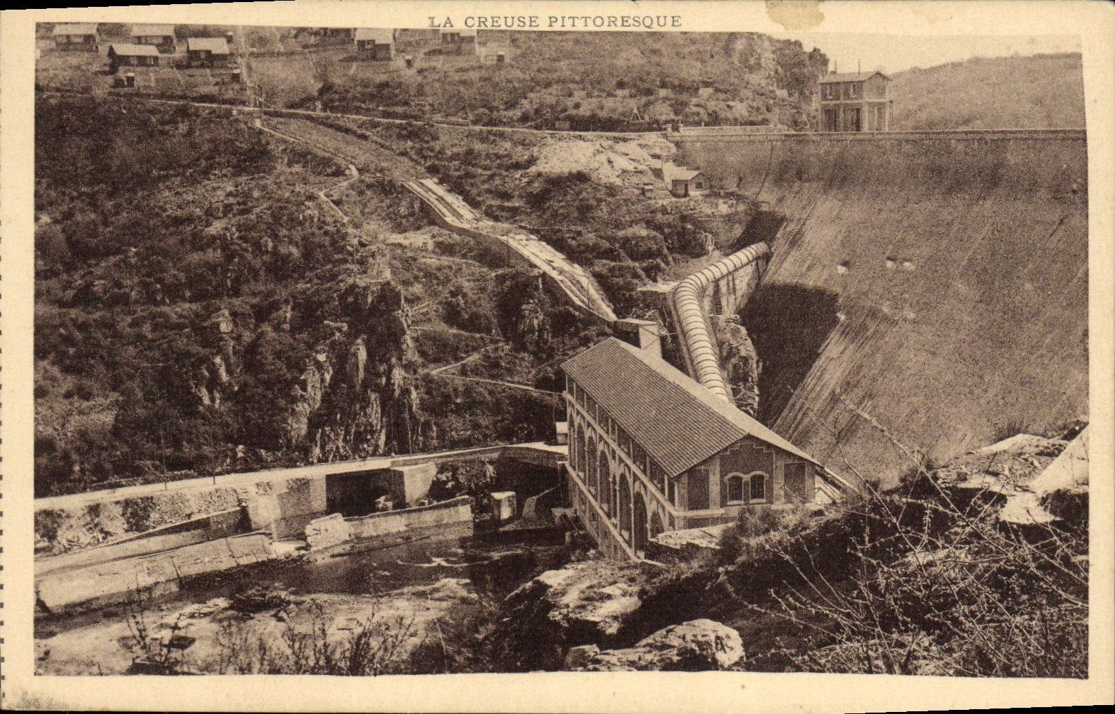 Postal Electricidad Eguzon Indre la presa Vista tomada de la orilla izquierda