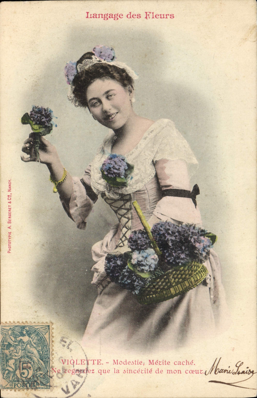 Vintage Postcard Fantasy Woman Language of the flowers Violet