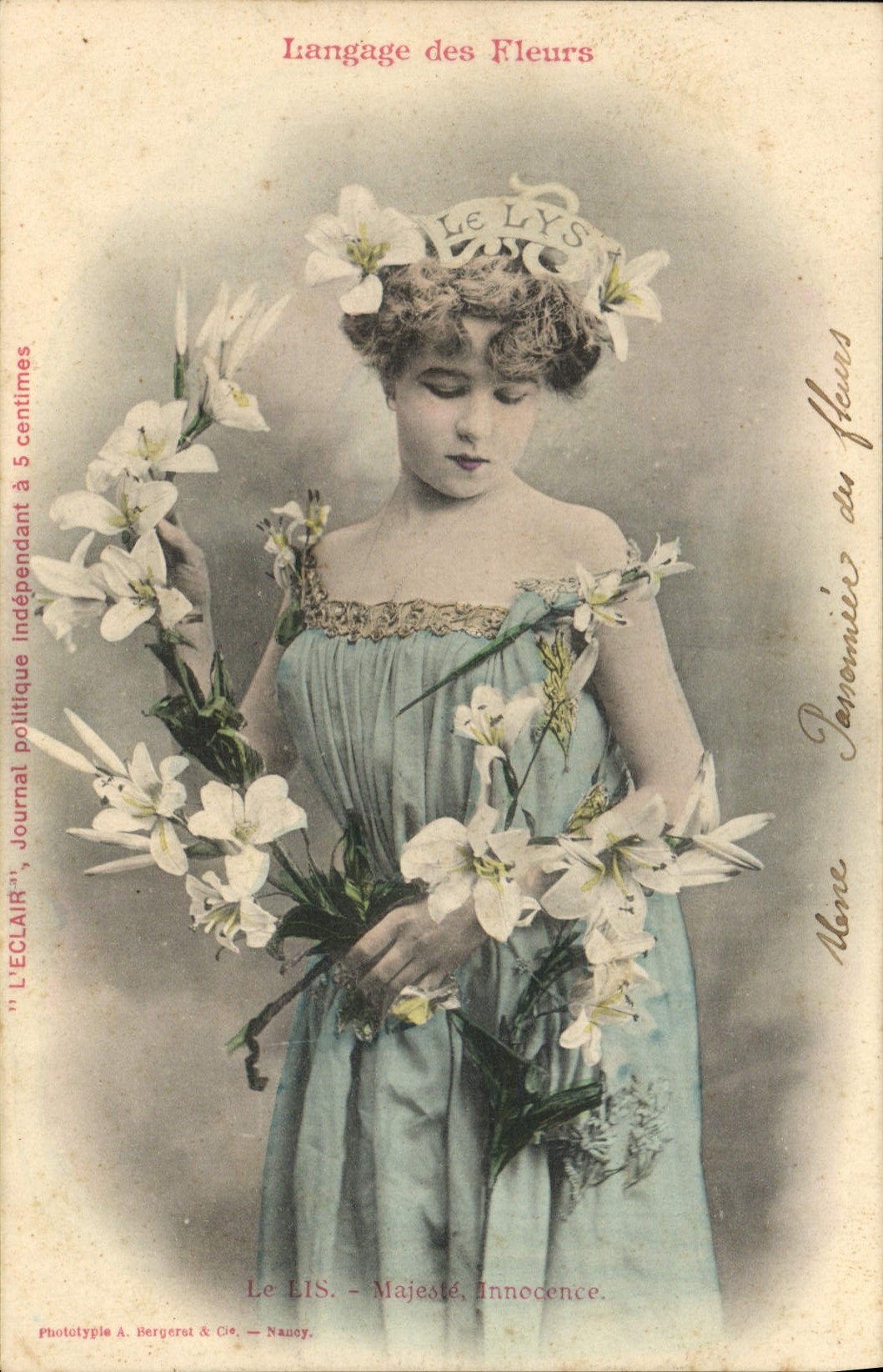 Vintage Postcard Fantasy Woman Language of the flowers the Lily Innoncence Majesty