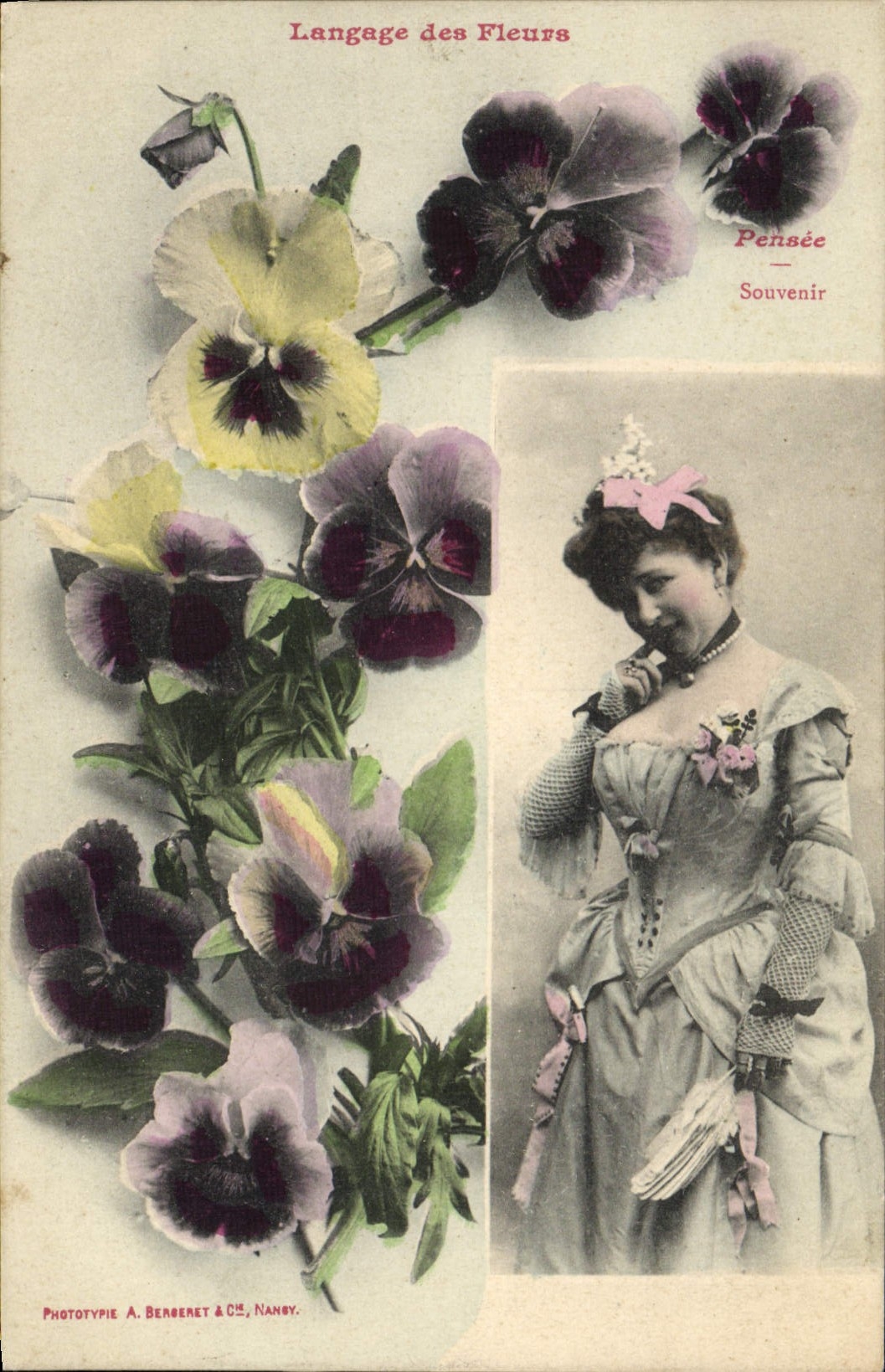 Vintage Postcard Fantasy Woman Language of the flowers Thought Of remembering