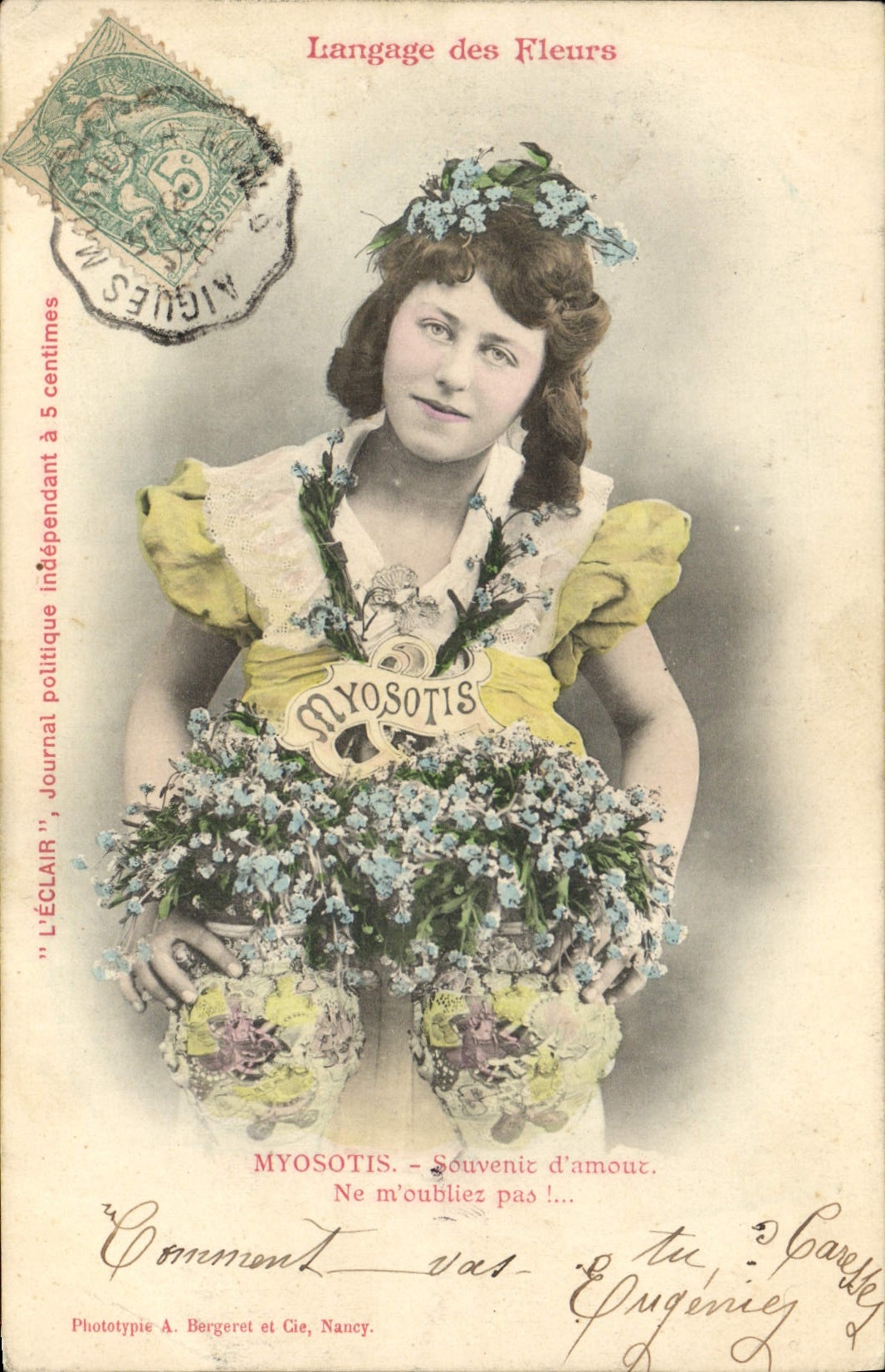 Vintage Postcard Fantasy Woman Language of the flowers Forget-me-not