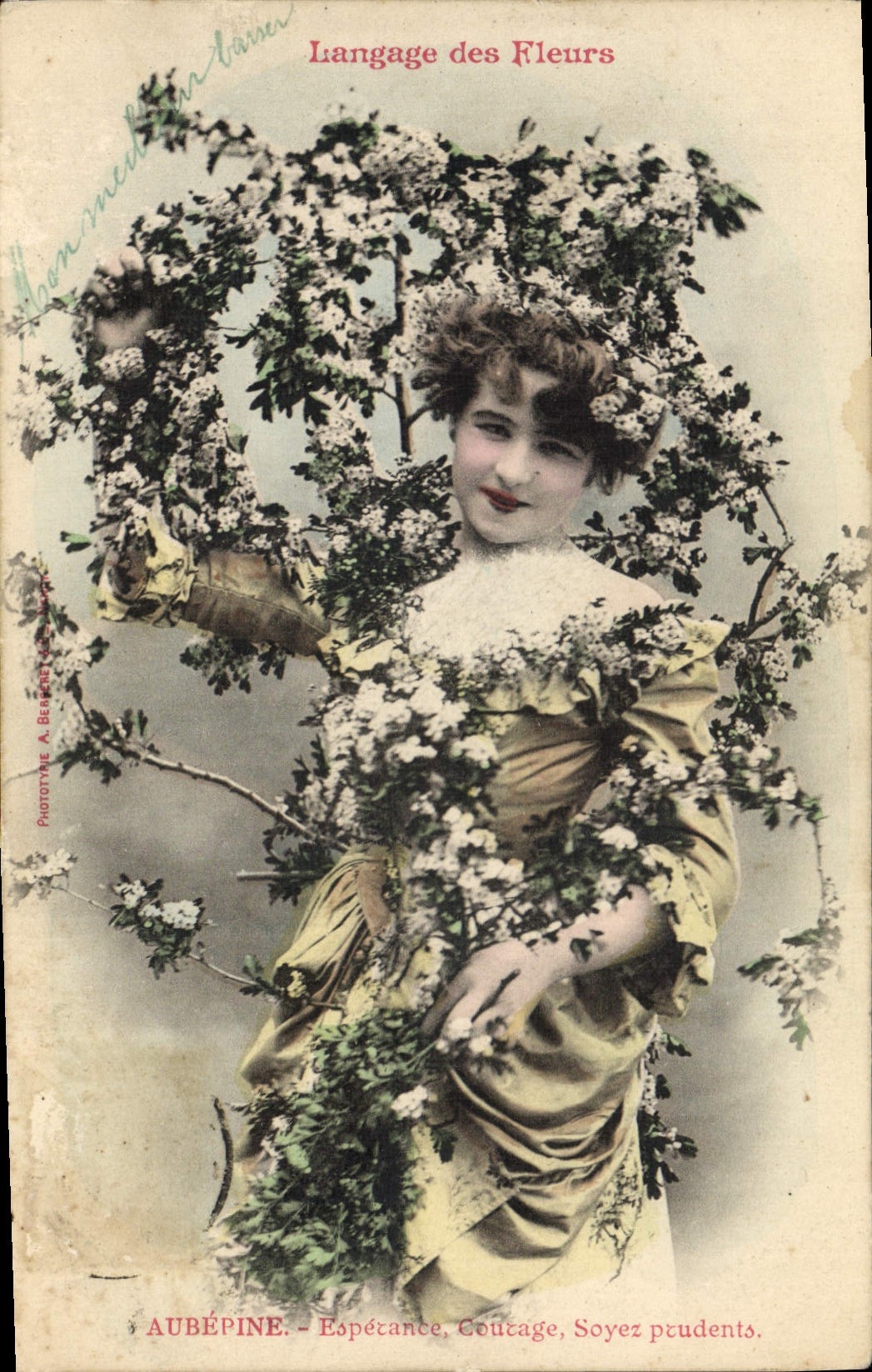 Vintage Postcard Fantasy Woman Language of the flowers Hawthorn