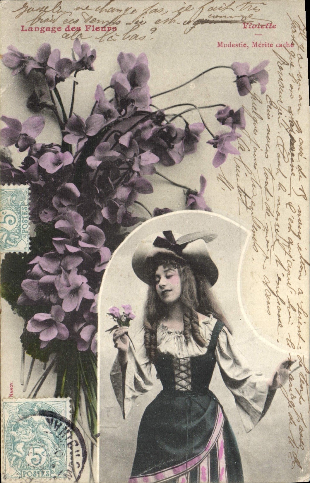 Vintage Postcard Fantaisie Woman Language of the flowers Violette Modesty Deserves mask