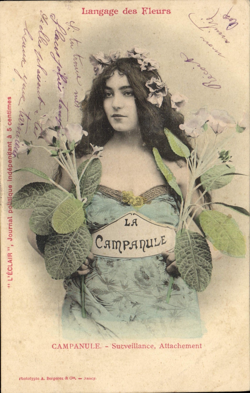 Vintage Postcard Fantasy Woman Language of the flowers Bellflower Monitoring Attachment