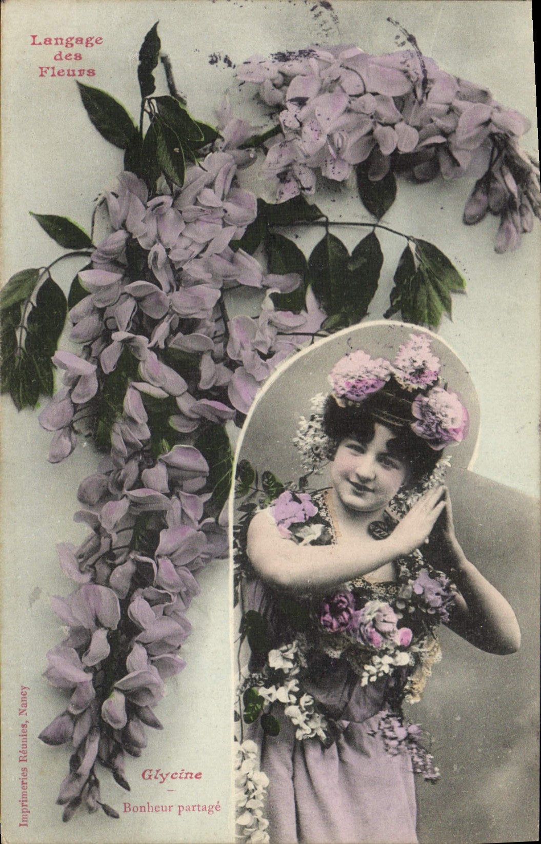 Vintage Postcard Fantaisie Woman Language of the flowers Glycine Happiness divides