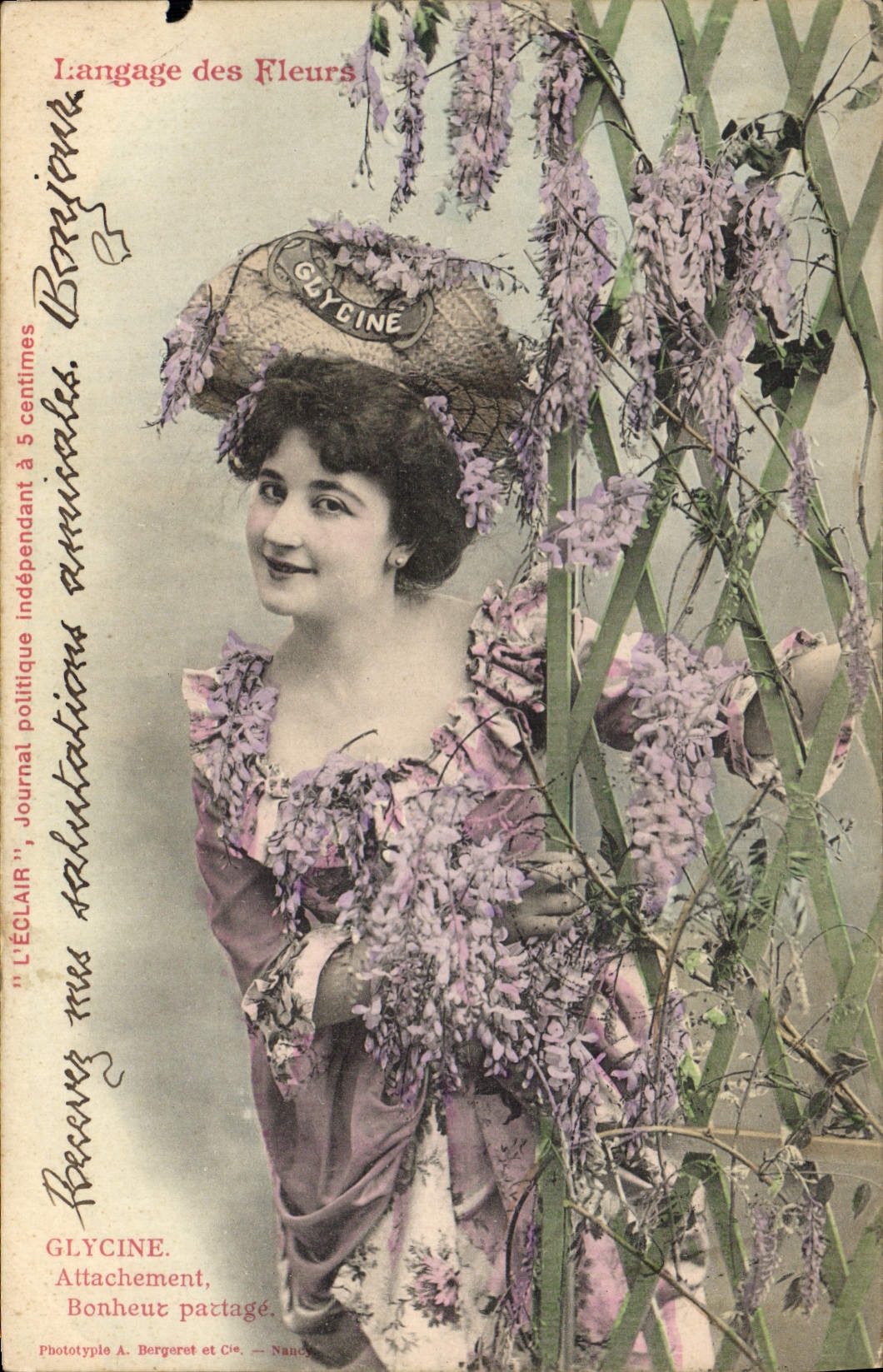 Vintage Postcard Fantasy Woman Language of the flowers Wisteria