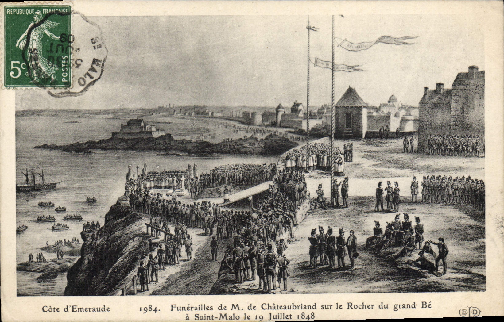 Vintage Postcard Funerailles of M of Chateaubriant on the rock of the Large Be has Saint Malo 1848