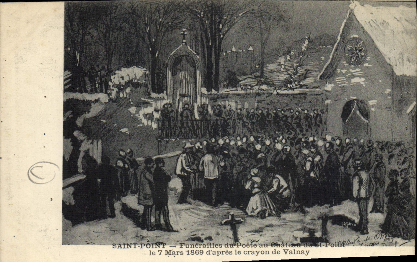 Postal Santo Punto Entierros del poeta al castillo de St no según el lápiz de Valnay