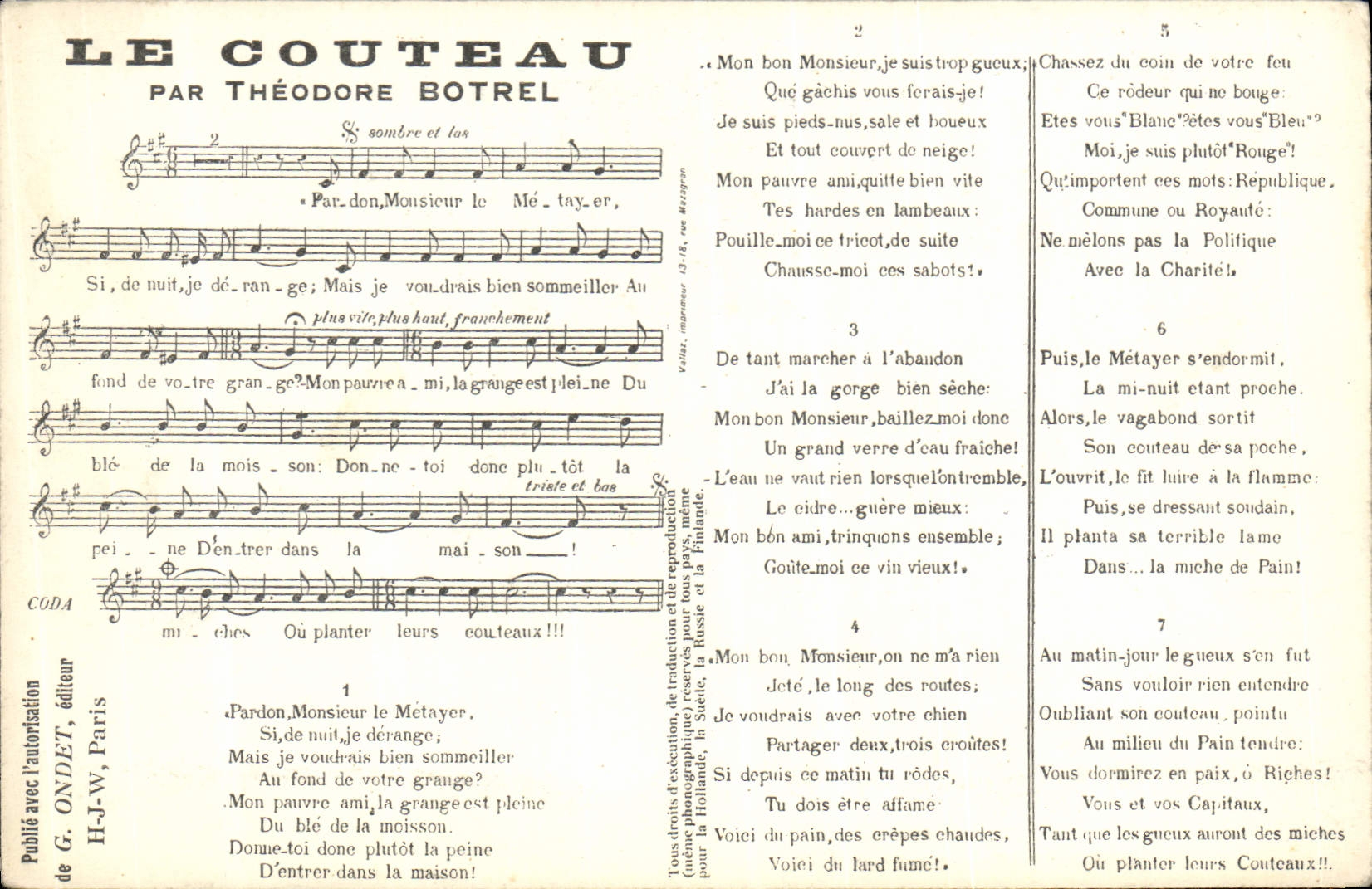 Postal el cuchillo Theodore Botrel