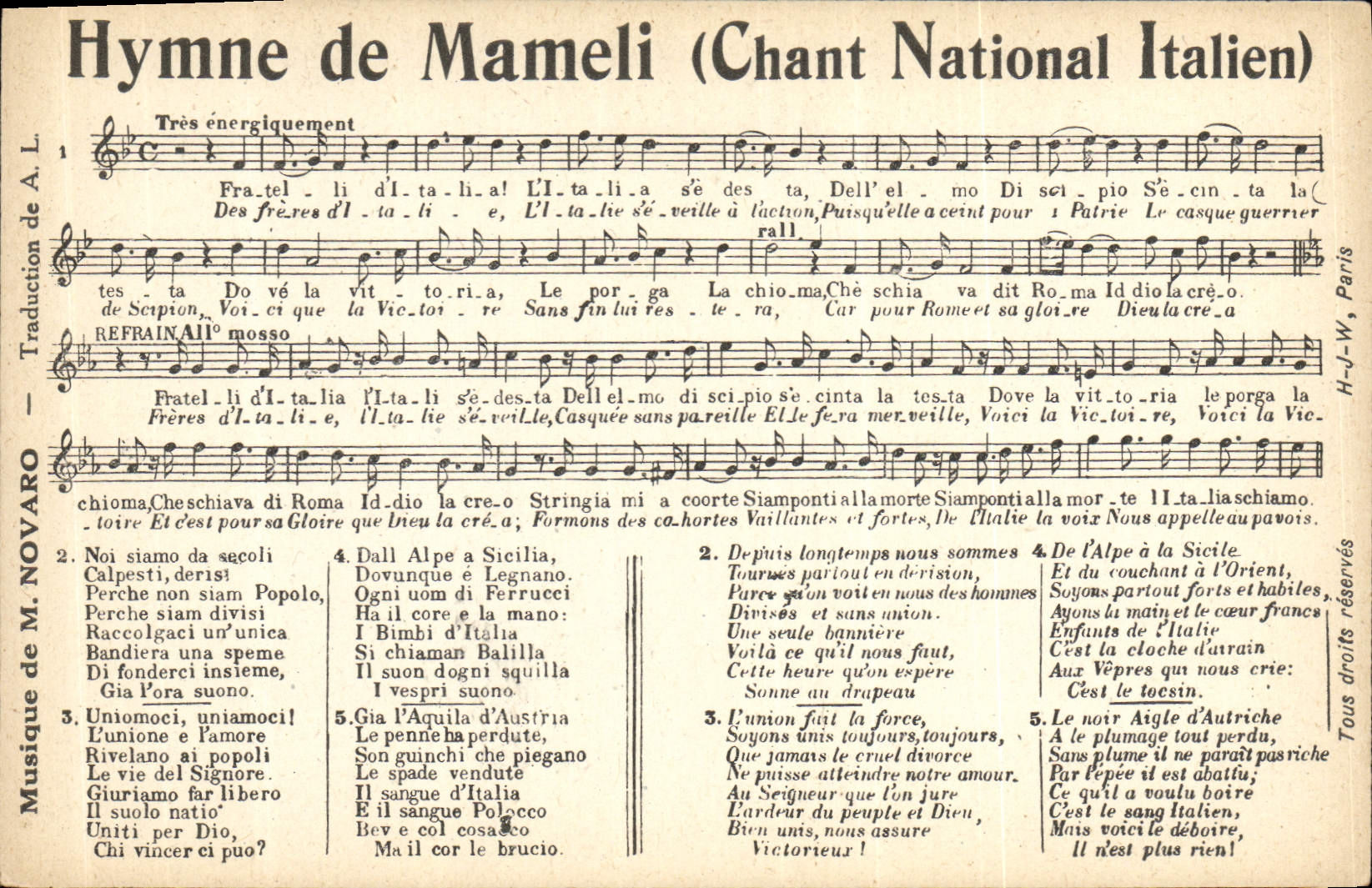 Vintage Postcard Anthem of Mameli Italian national Song Italy Italia Novaro