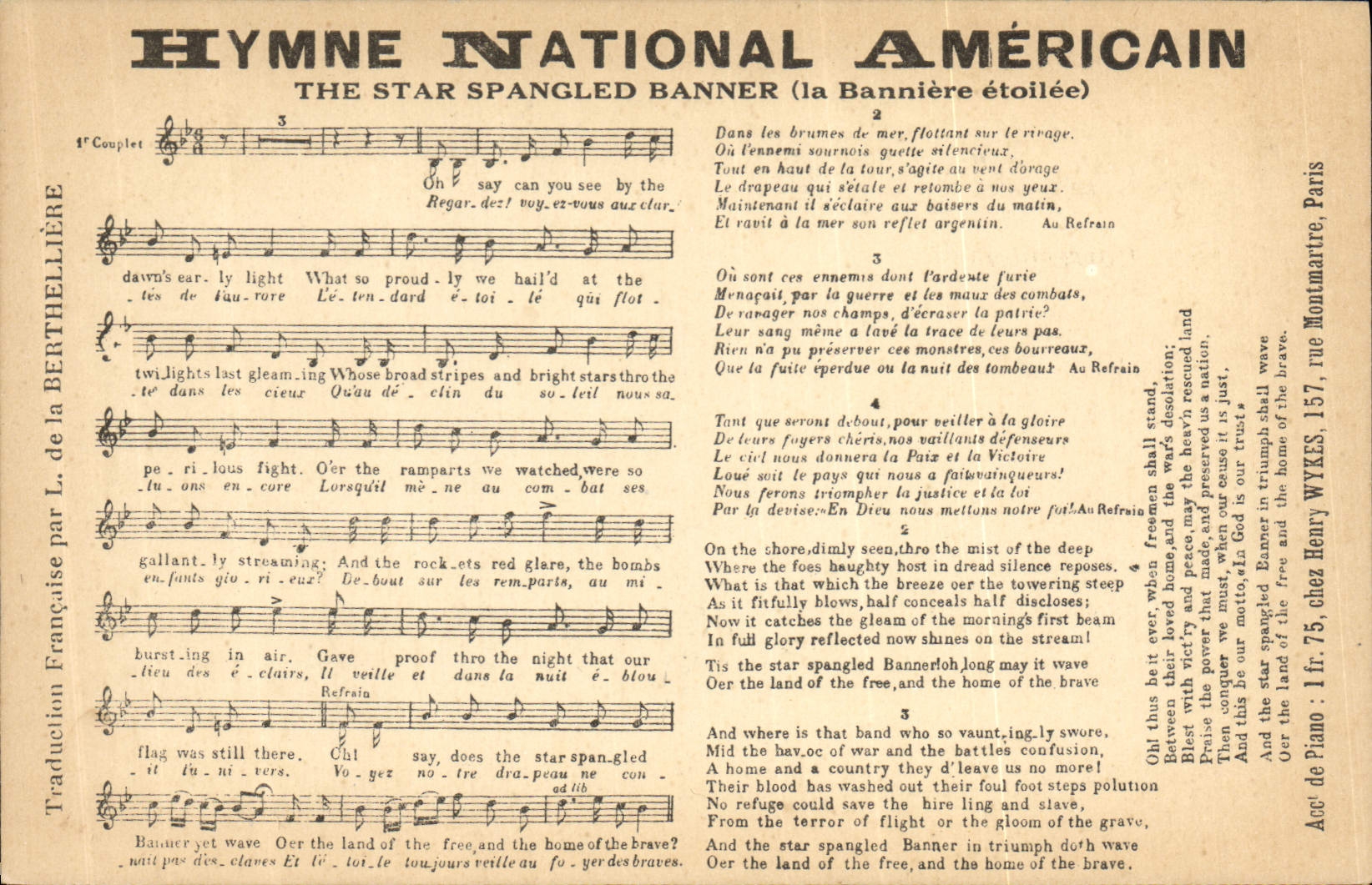 Vintage Postcard National anthem American The star splanged banner Of Berthelliere