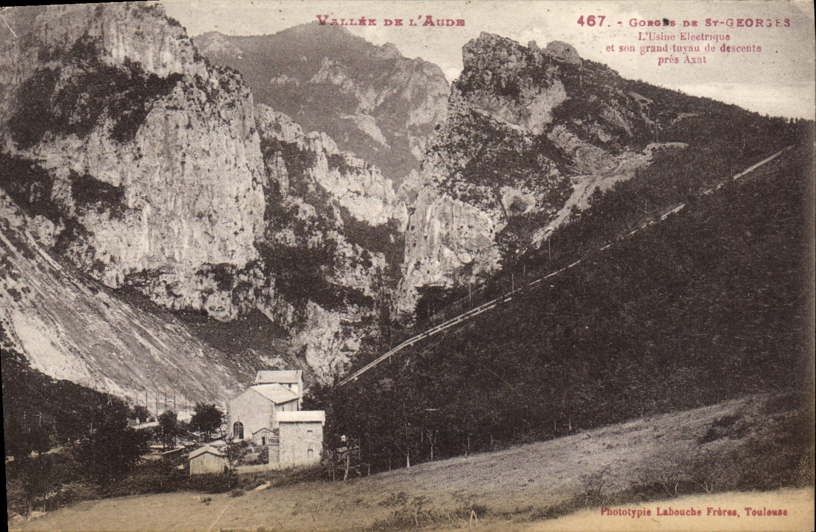 Postal Electricidad Valle del Aude Gargantas de San Jorge la fábrica eléctrica y su grande tuyeau de pendiente cerca Axat