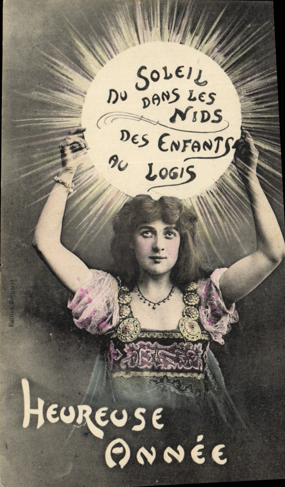 Vintage Postcard Fantasy Woman Of the sun in the nests of the children to the home