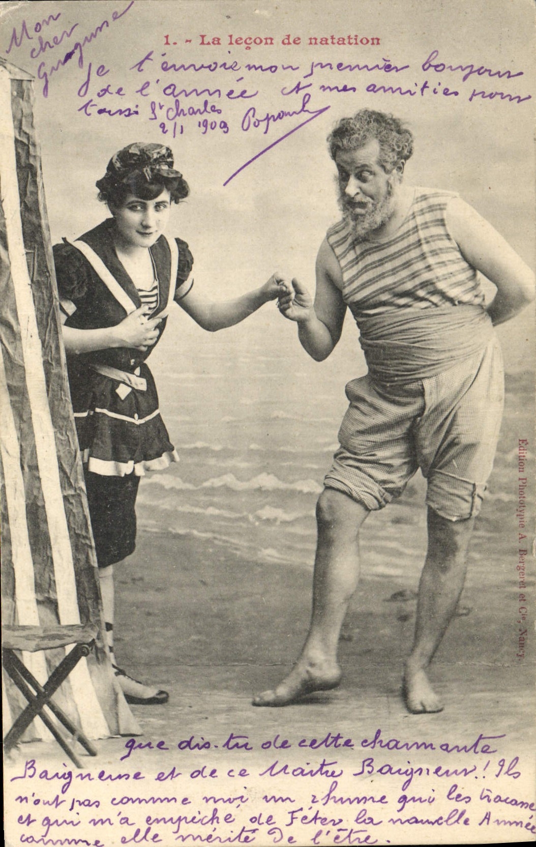 Vintage Postcard Fantasy Woman the lesson of swimming