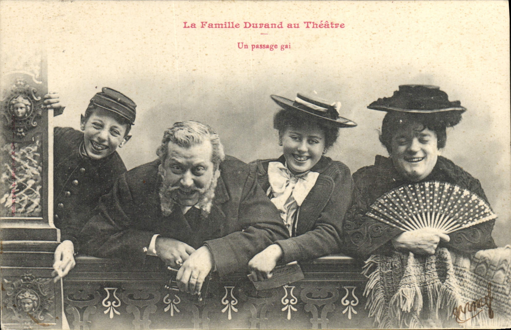 Vintage Postcard Fantasy Woman the family Durand with the theater a merry passage