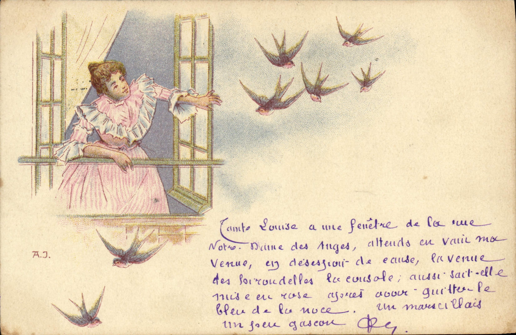 Vintage Postcard Woman Swallows