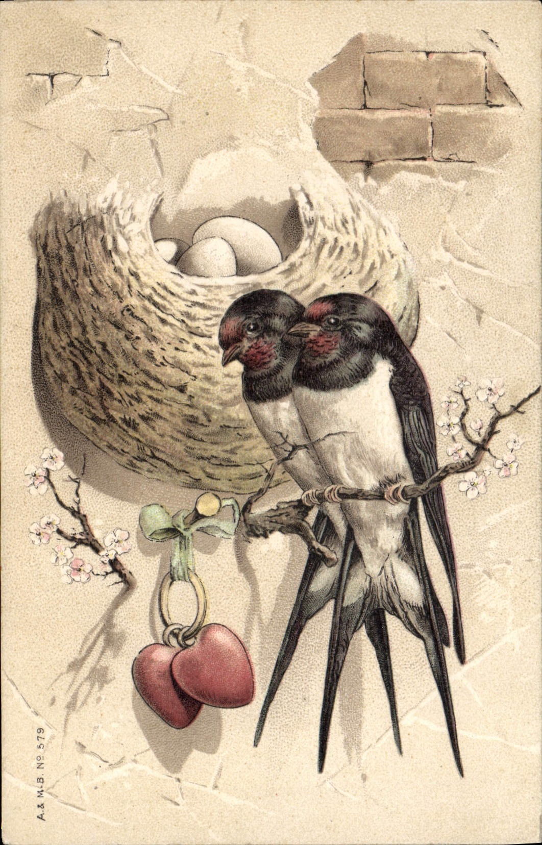 Vintage Postcard Swallows Heart