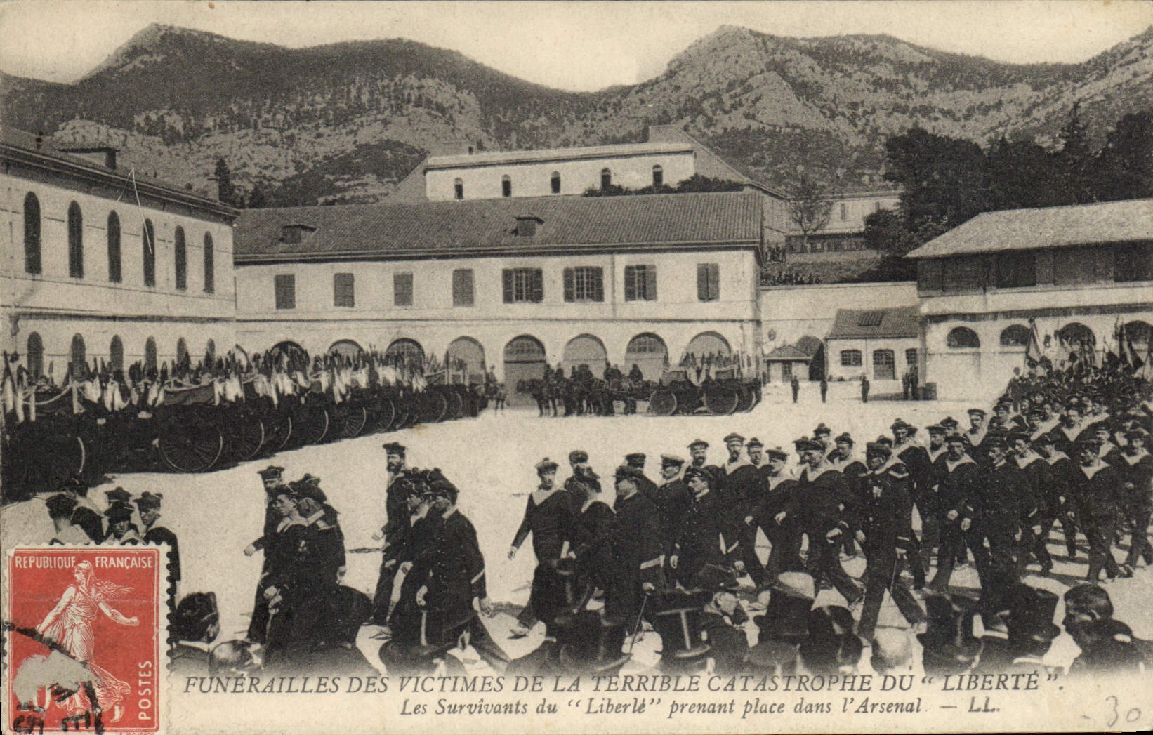 Vintage Postcard Boat Funeral of the victims of the terrible catastrophe of Freedom survivors of Freedom taking seat in the arsenal