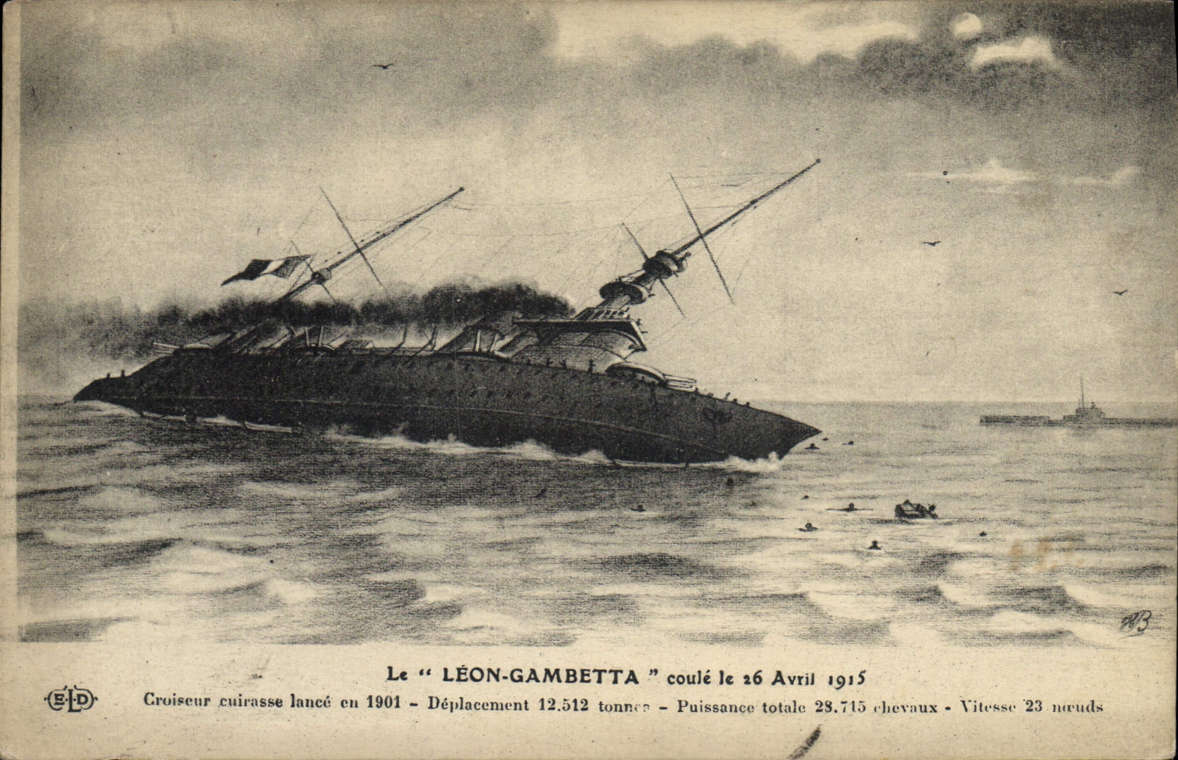 Vintage Postcard Bateau Léon Gambetta runs Croiseur on April 26th, 1915 Armours