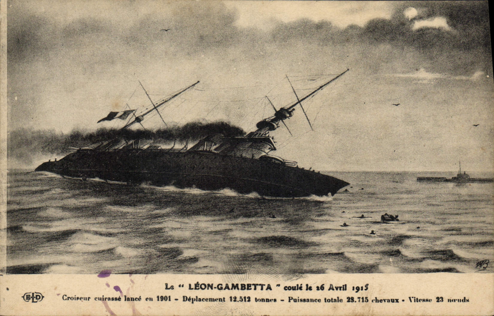 Vintage Postcard Bateau Léon Gambetta runs on April 26th, 1915
