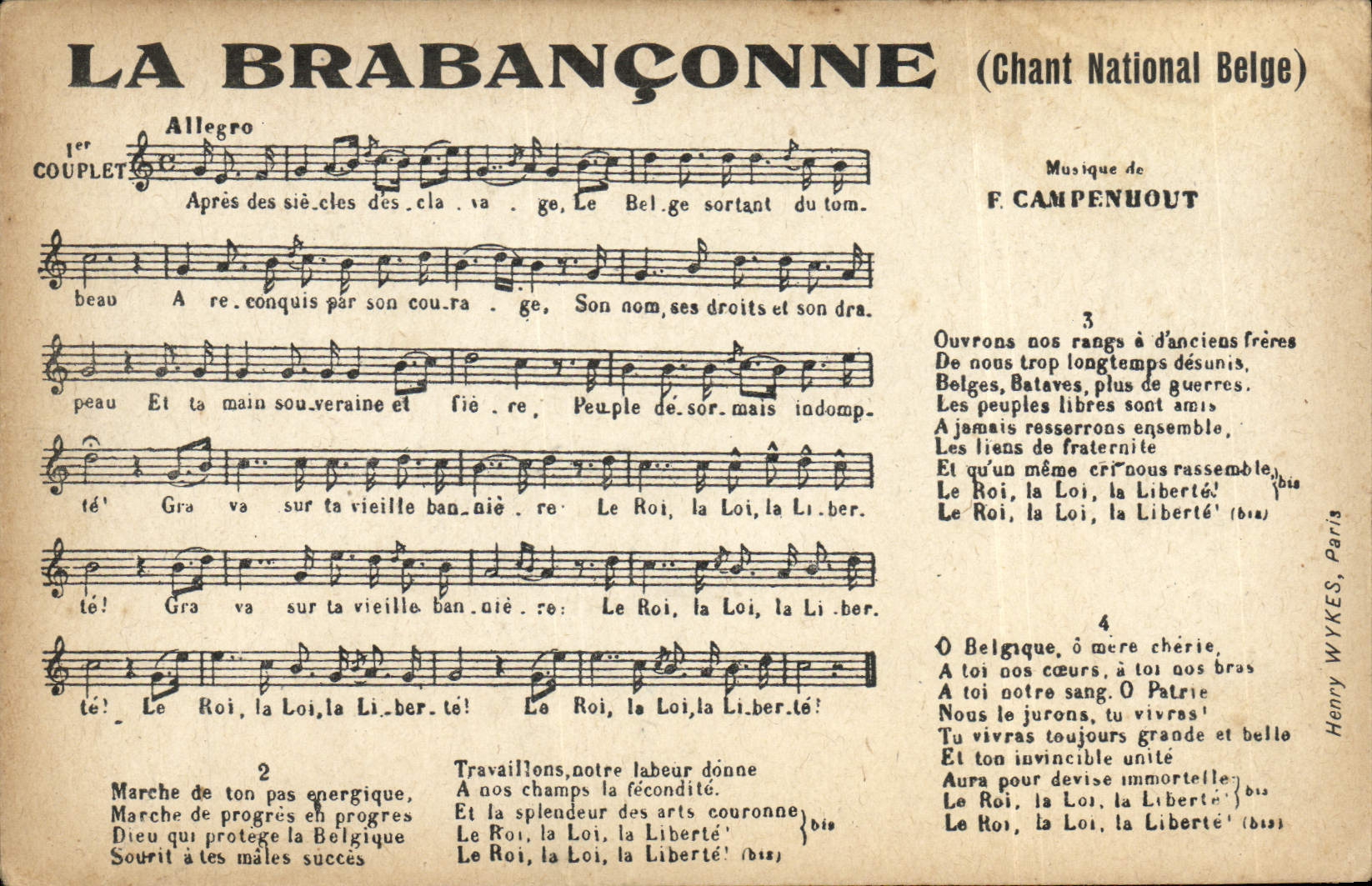 CPA La Brabanconne Chant national Belge Campenuout 