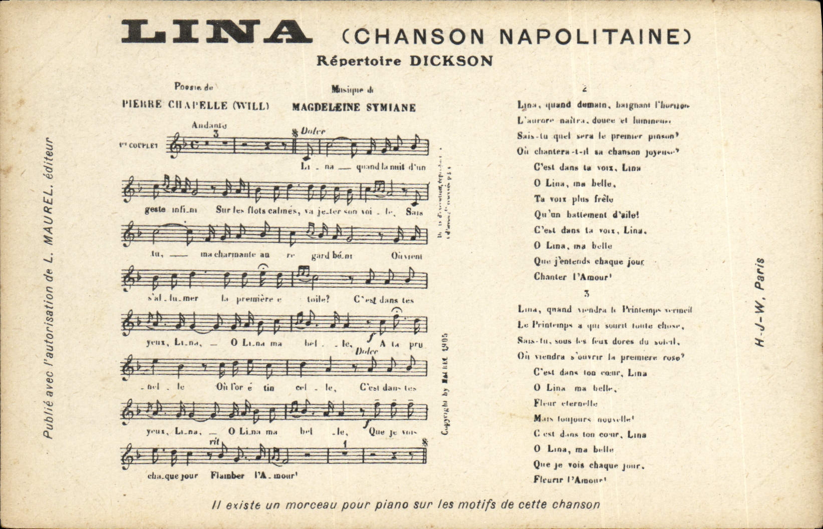 Vintage Postcard Lina Neapolitan Song Dickson