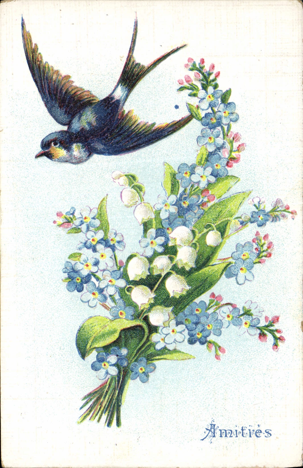 Vintage Postcard Fantasy Flowers Lily of the valley Swallow