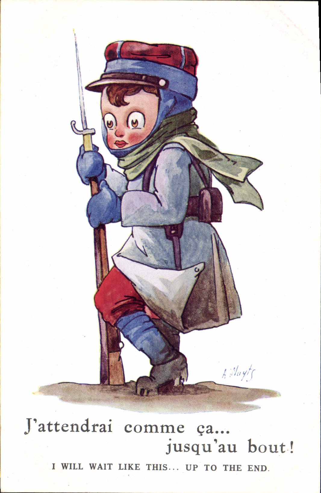 Vintage Postcard Fantaisie Illustrator Militaria Child I will wait like that until the end
