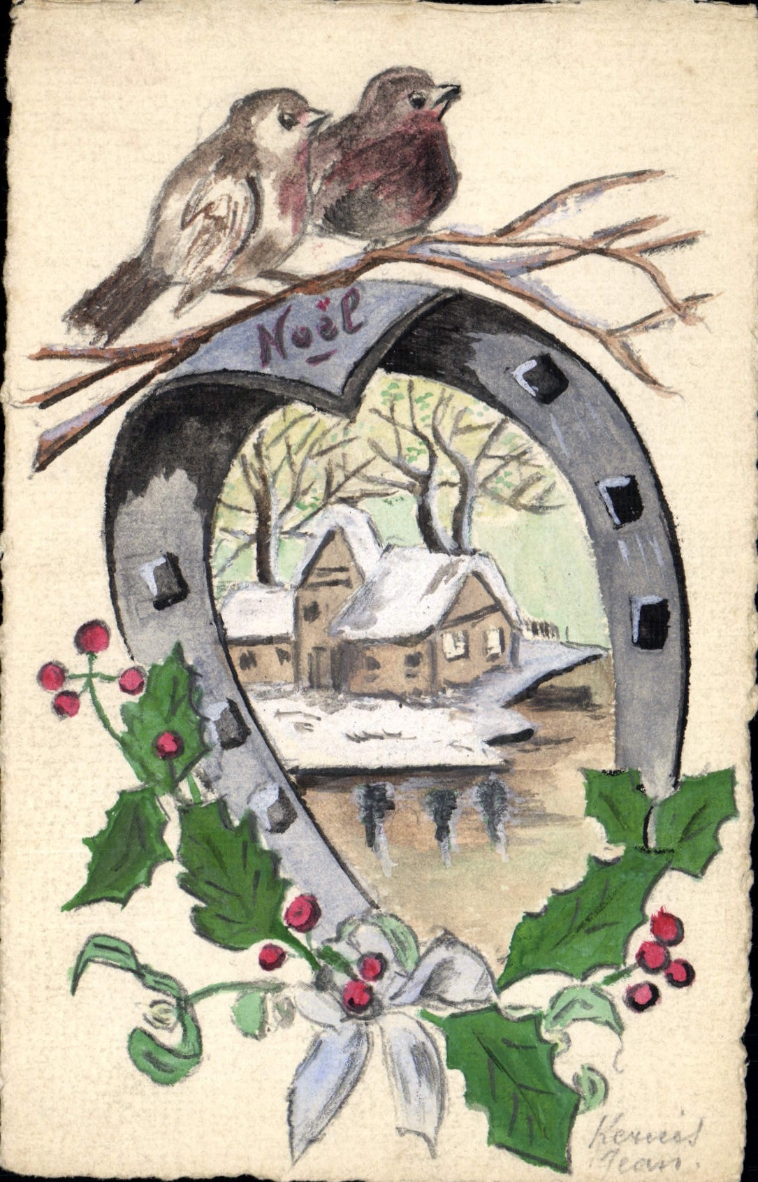 Vintage Postcard Oiseaux Horseshoe (drawing has the hand) Christmas