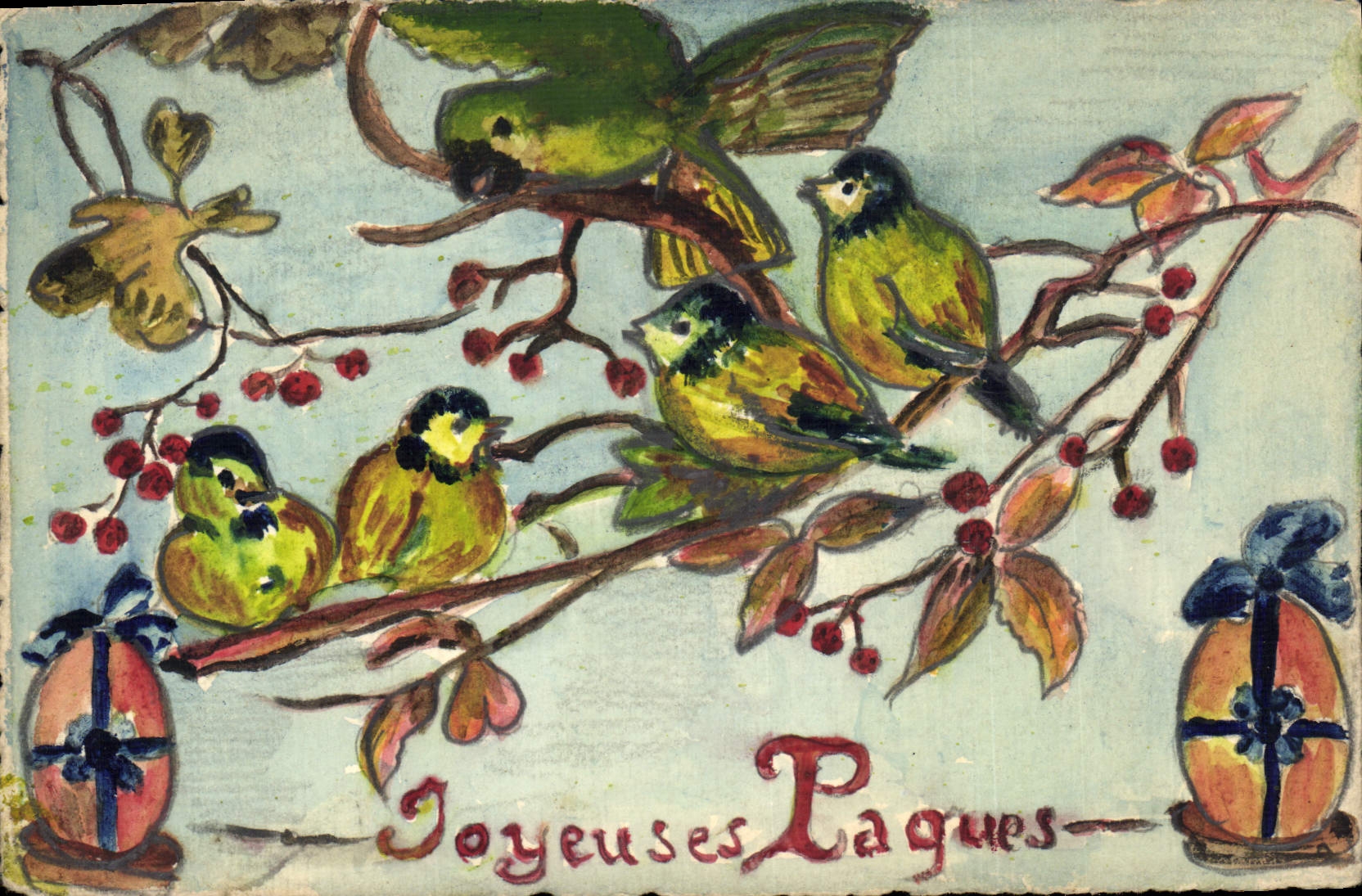Vintage Postcard Birds Merry Easter (drawing has the hand)