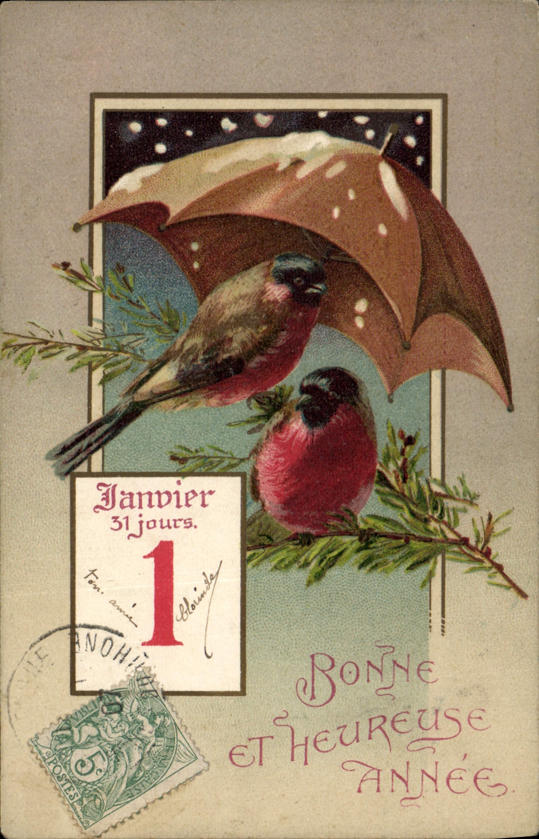 CPA Oiseaux Heureuse annee
