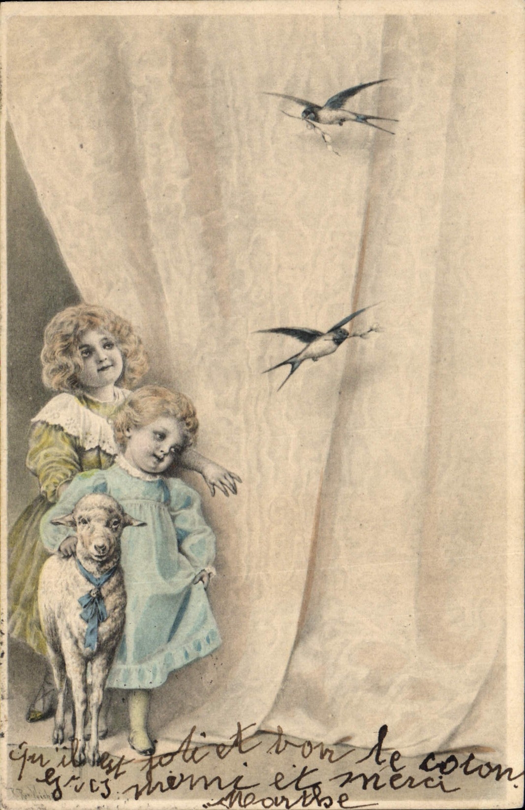 Vintage Postcard Birds Children Sheep