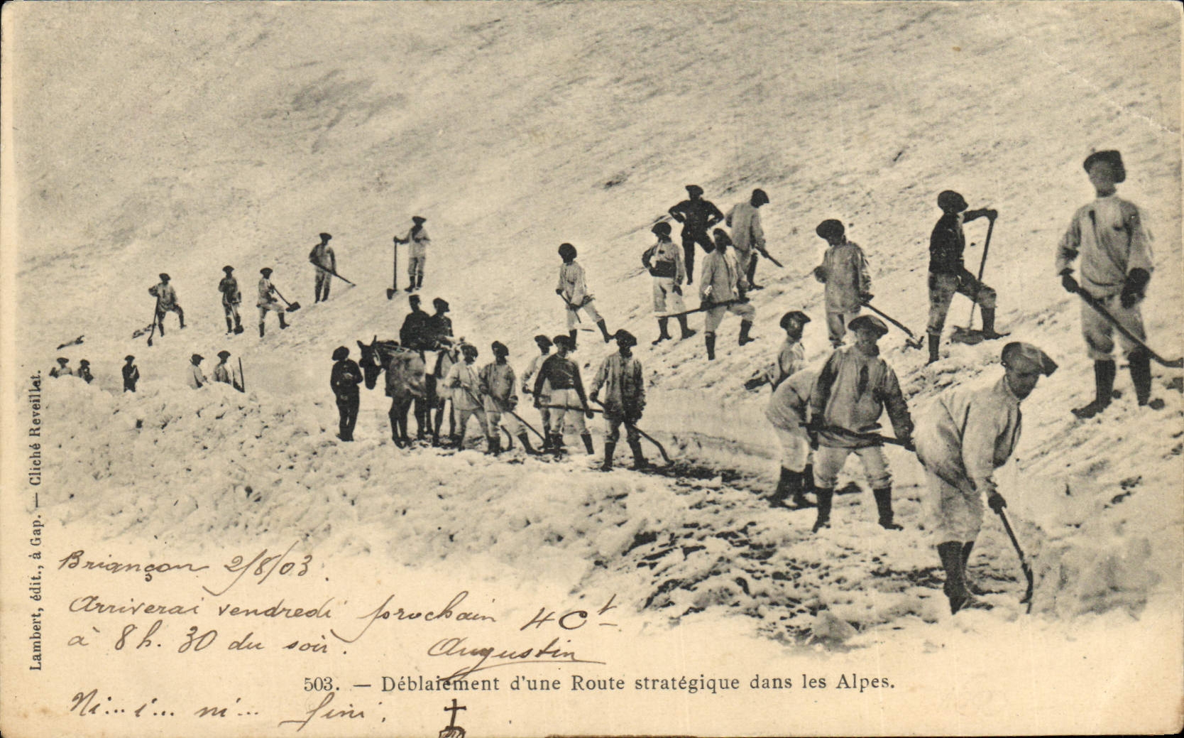 Vintage Postcard Militaria Alpine hunters Clearing of a strategic road in the Alps