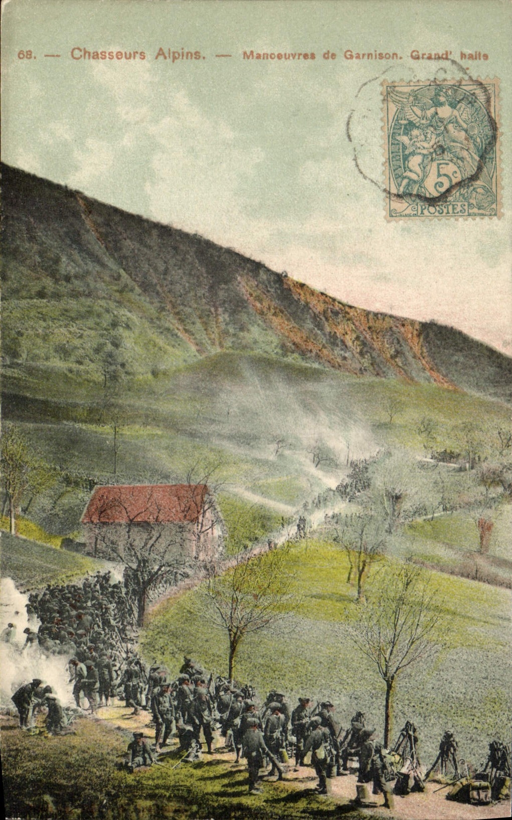 Vintage Postcard Large Militaria Alpine hunters Operations of garrison Halt