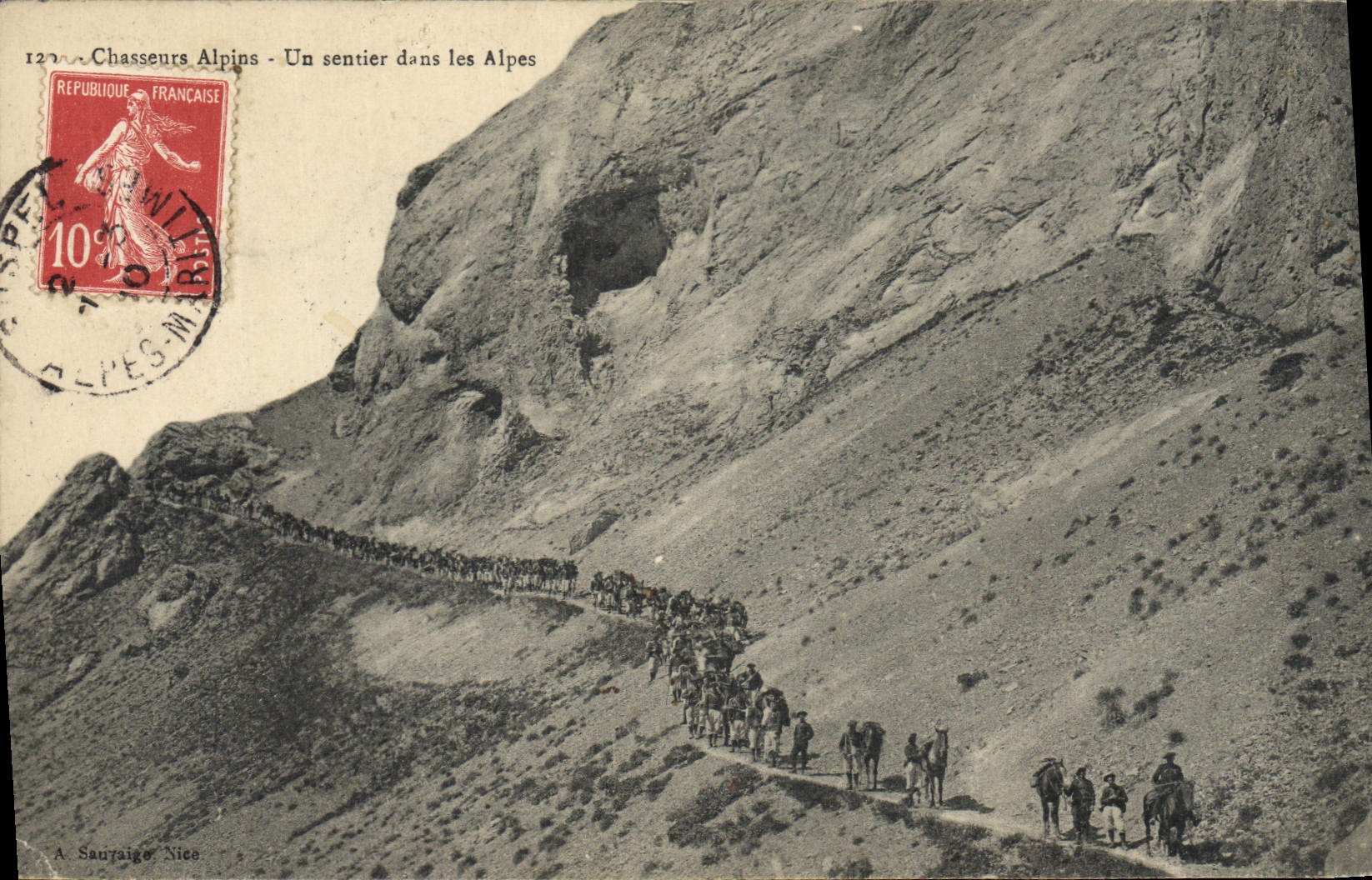 Vintage Postcard Militaria Alpine hunters a path in the Alps