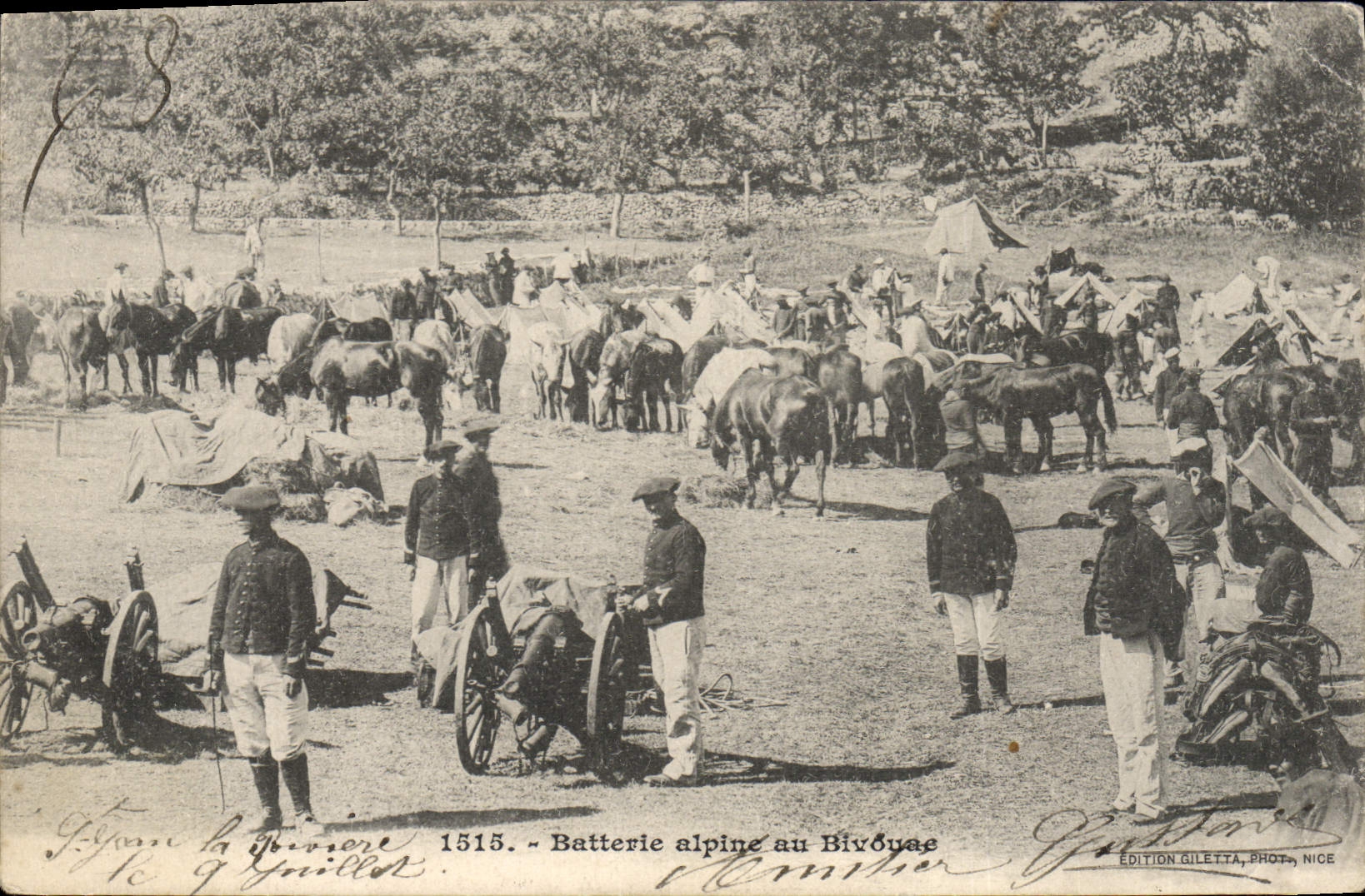 Vintage Postcard Militaria Alpine hunters alpine Battery with the bivouac