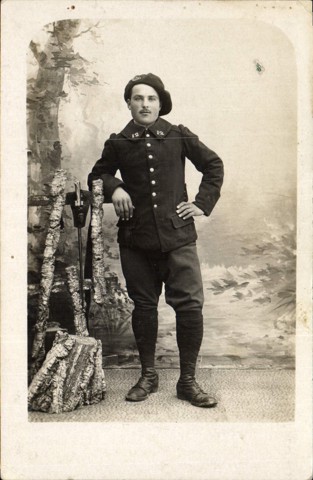 CARTE PHOTO Militaria Chasseurs alpins (n°12 sur le col)