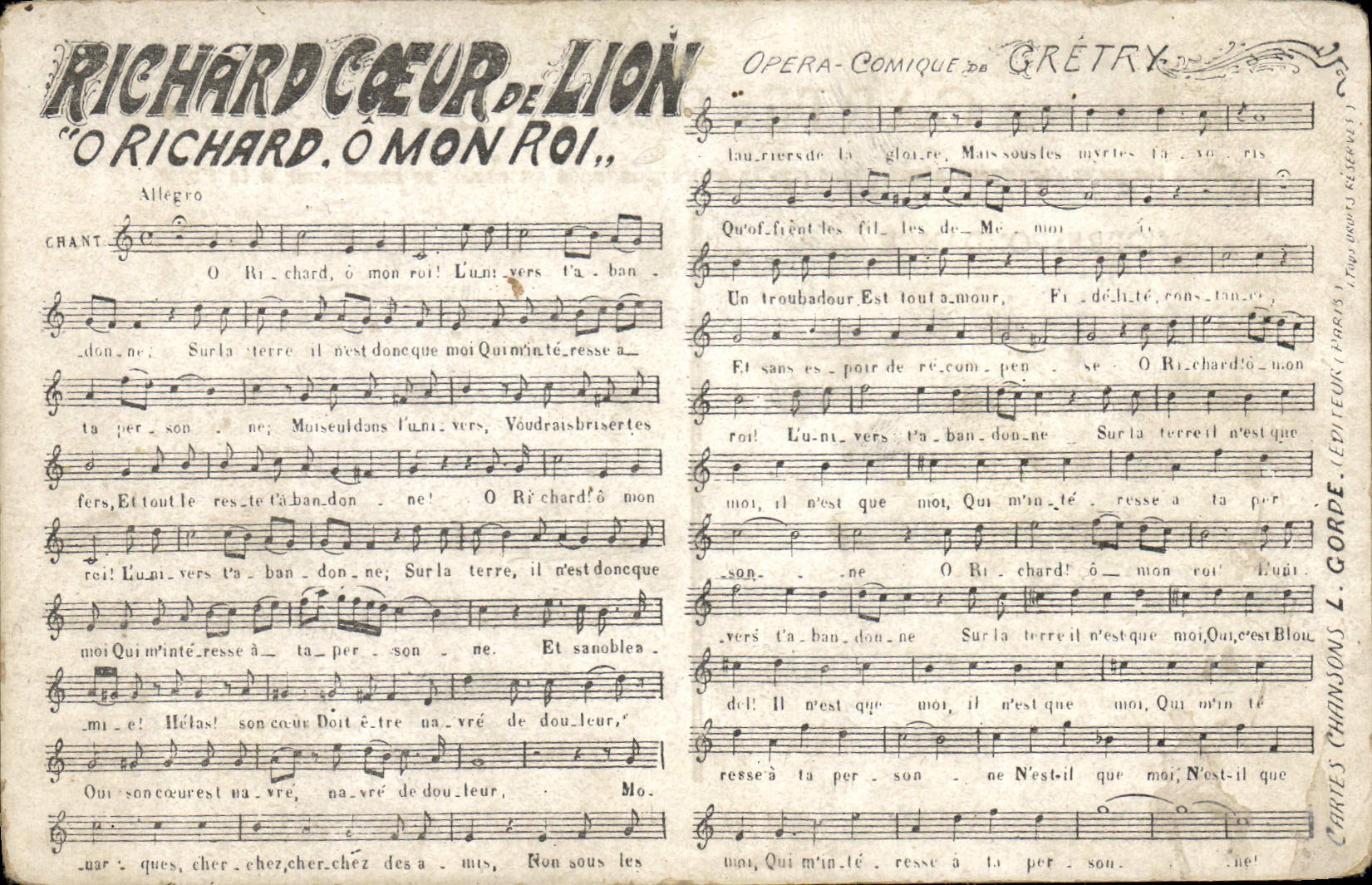 Vintage Postcard Gretry Richard the Lionheart