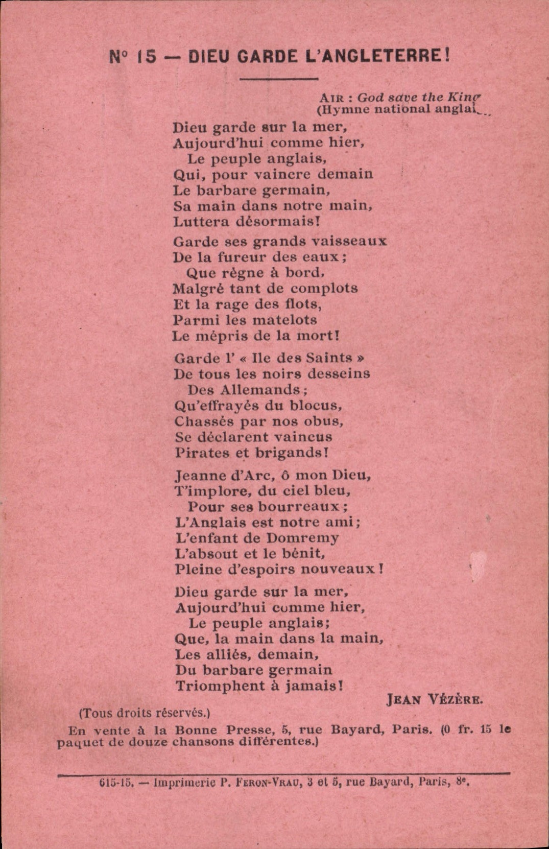 Vintage Postcard God keeps England! Jean Vezere