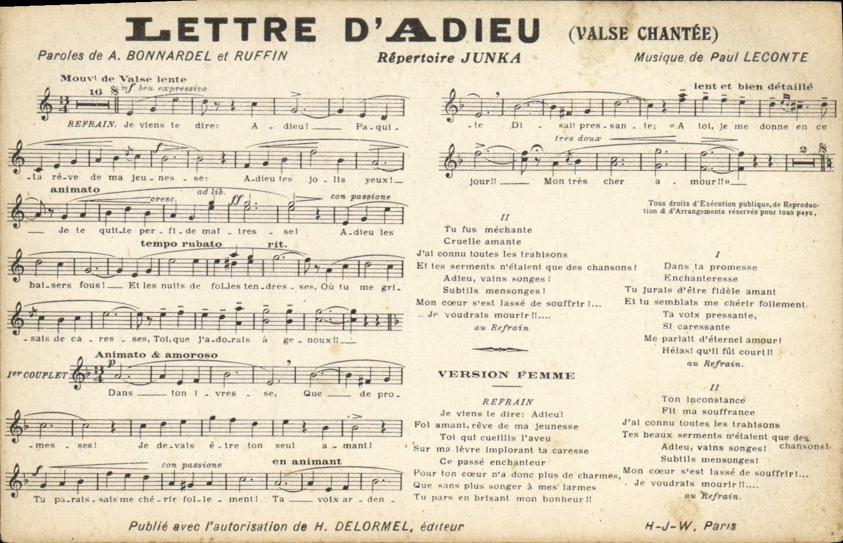 Vintage Postcard Letter of good-bye Bonnardel Ruffin Junka Paul Leconte