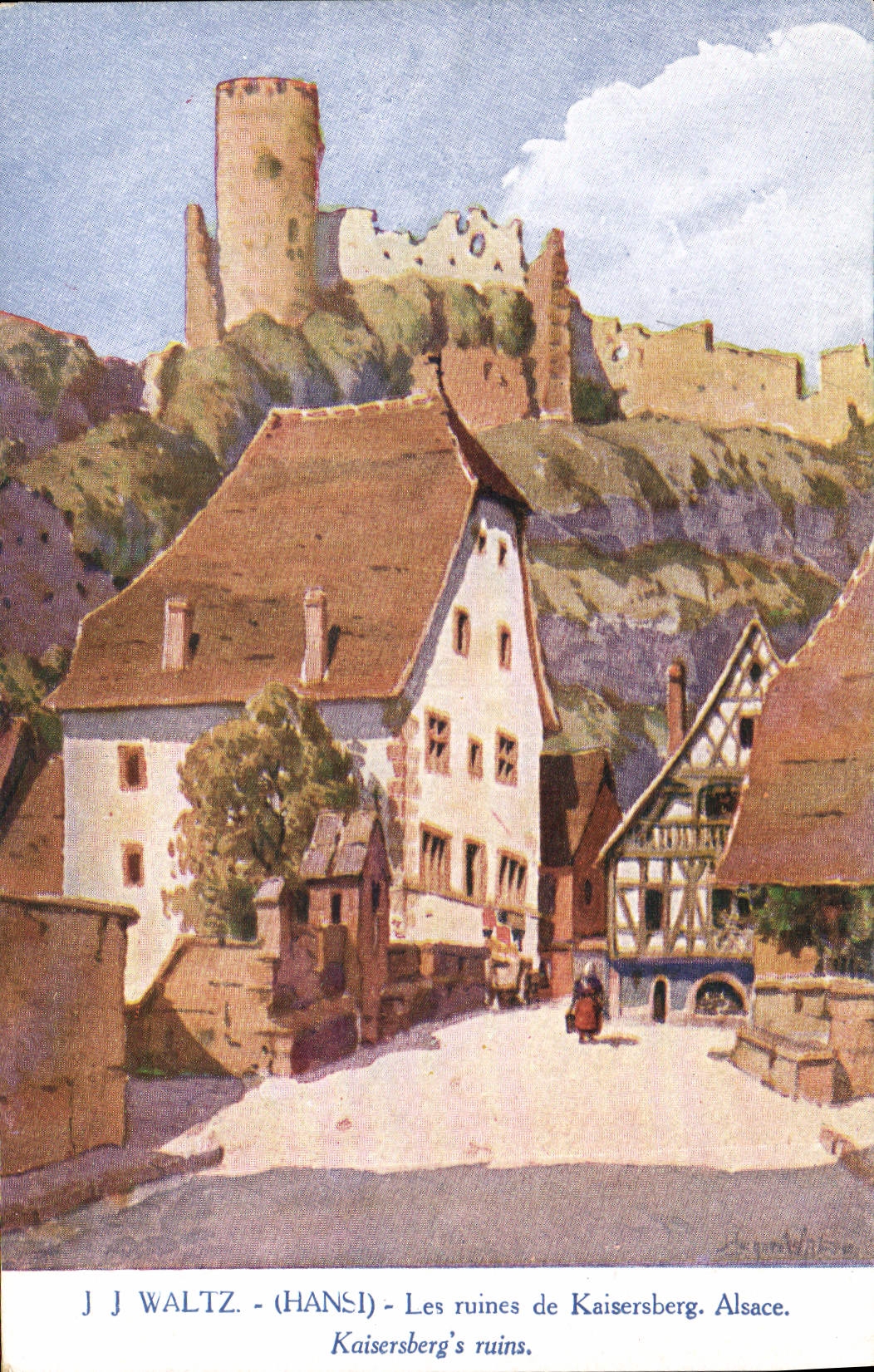 Vintage Postcard Folklore Alsace JJ Waltz Hansi ruins of Kaisersberg