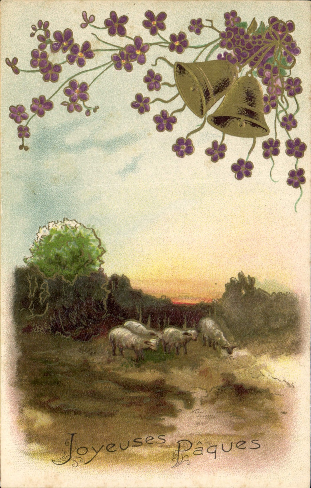 Vintage Postcard Fantasy Flowers Sheep Easter Bells