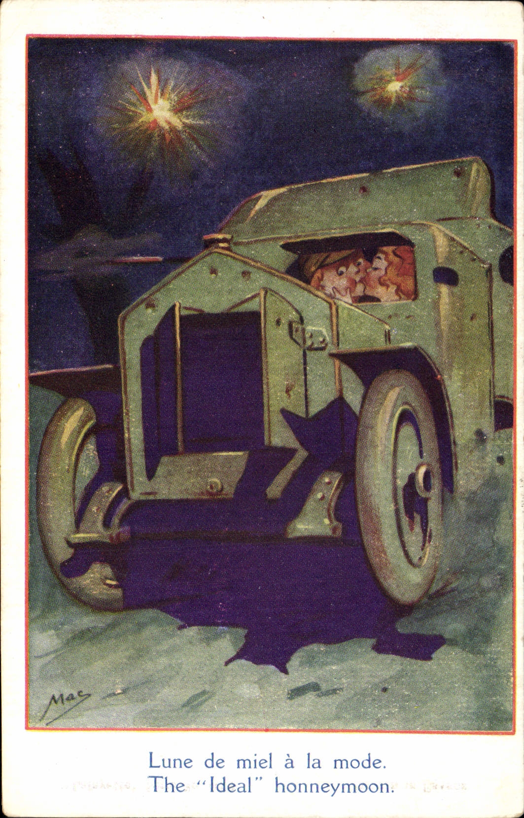 Vintage Postcard Fantaisie Illustrator Children Honeymoon has the fashion Tank Militaria