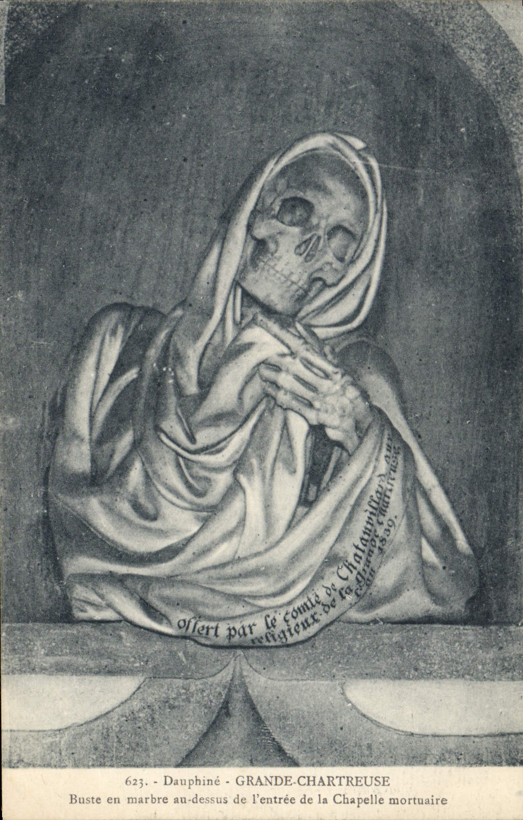 Dauphine Vintage Postcard Large Charterhouse Bust out of marble with the top of the entry of the funeral vault