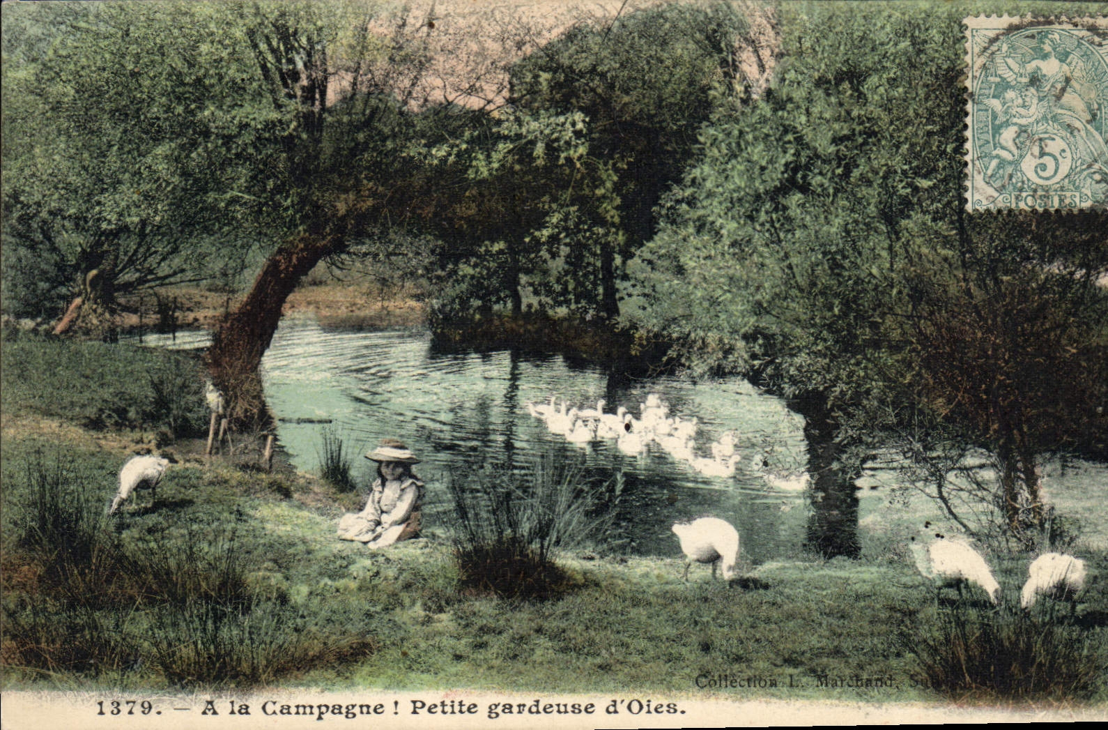 Vintage Postcard In the gardeuse Small goose countryside