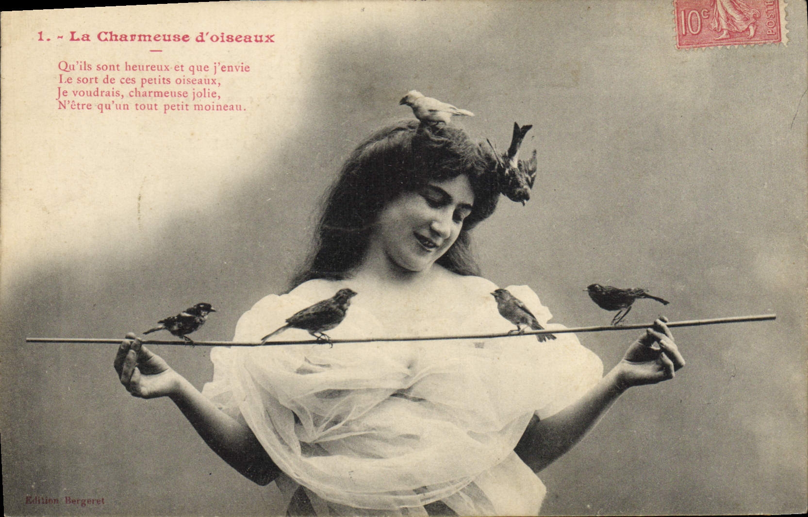 Vintage Postcard the charming lady of Birds