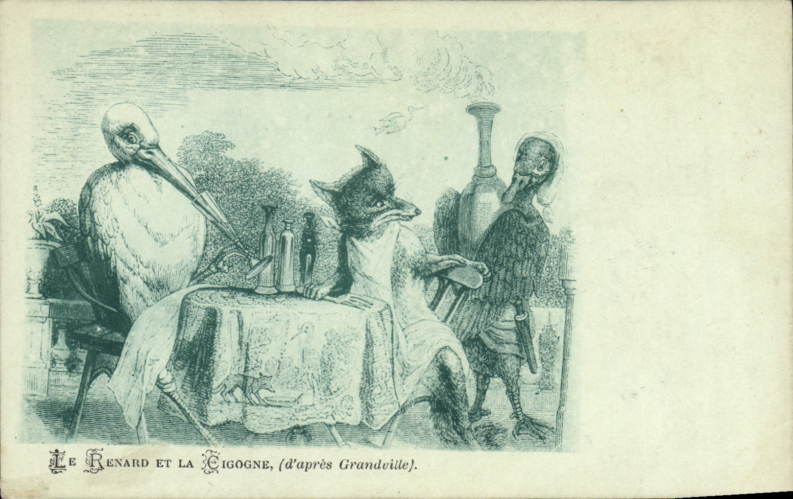 Postal el zorro y la cigüeña según Grandville