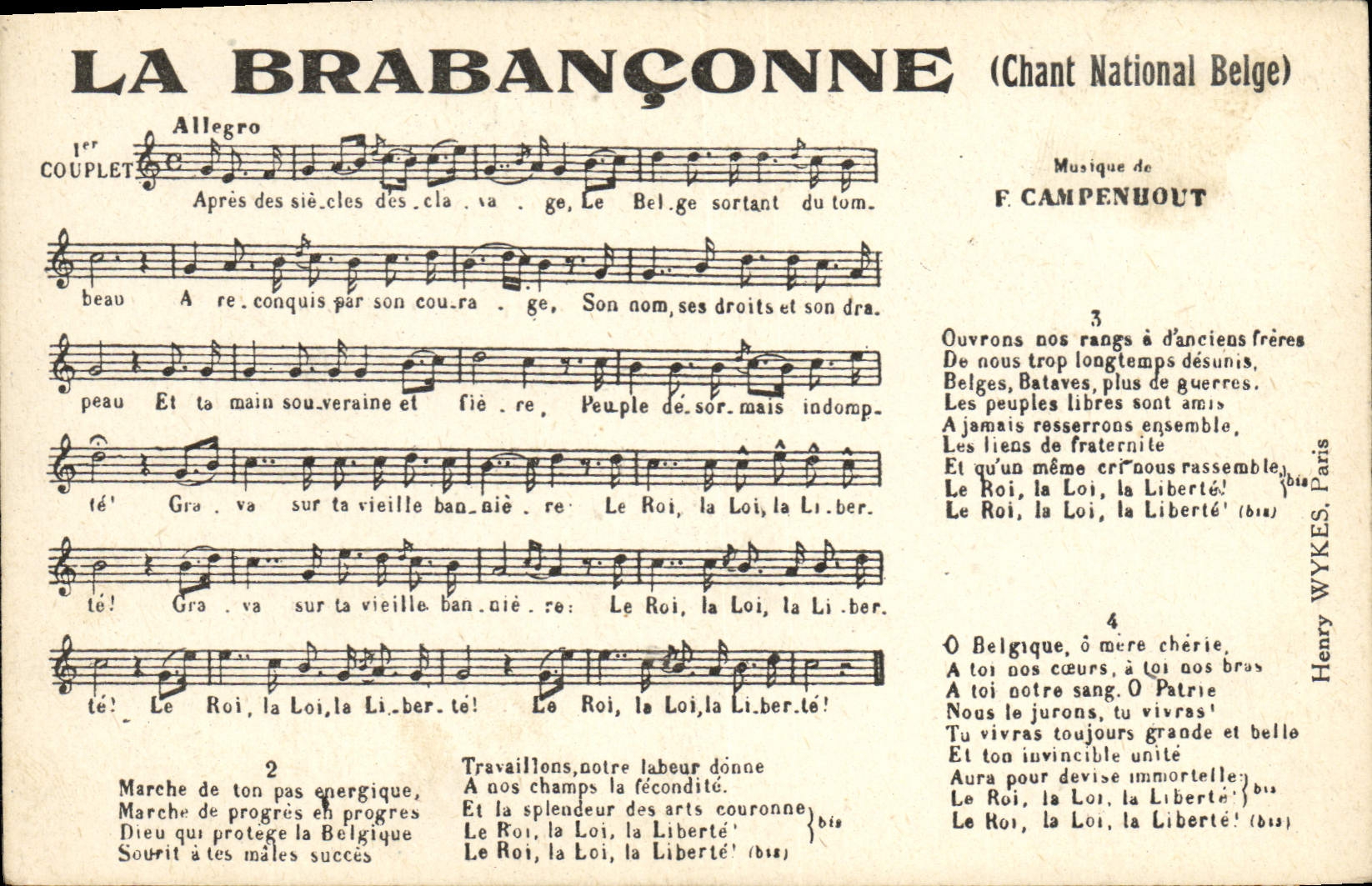 Vintage Postcard Brabanconne national Song Belgian Campenbout