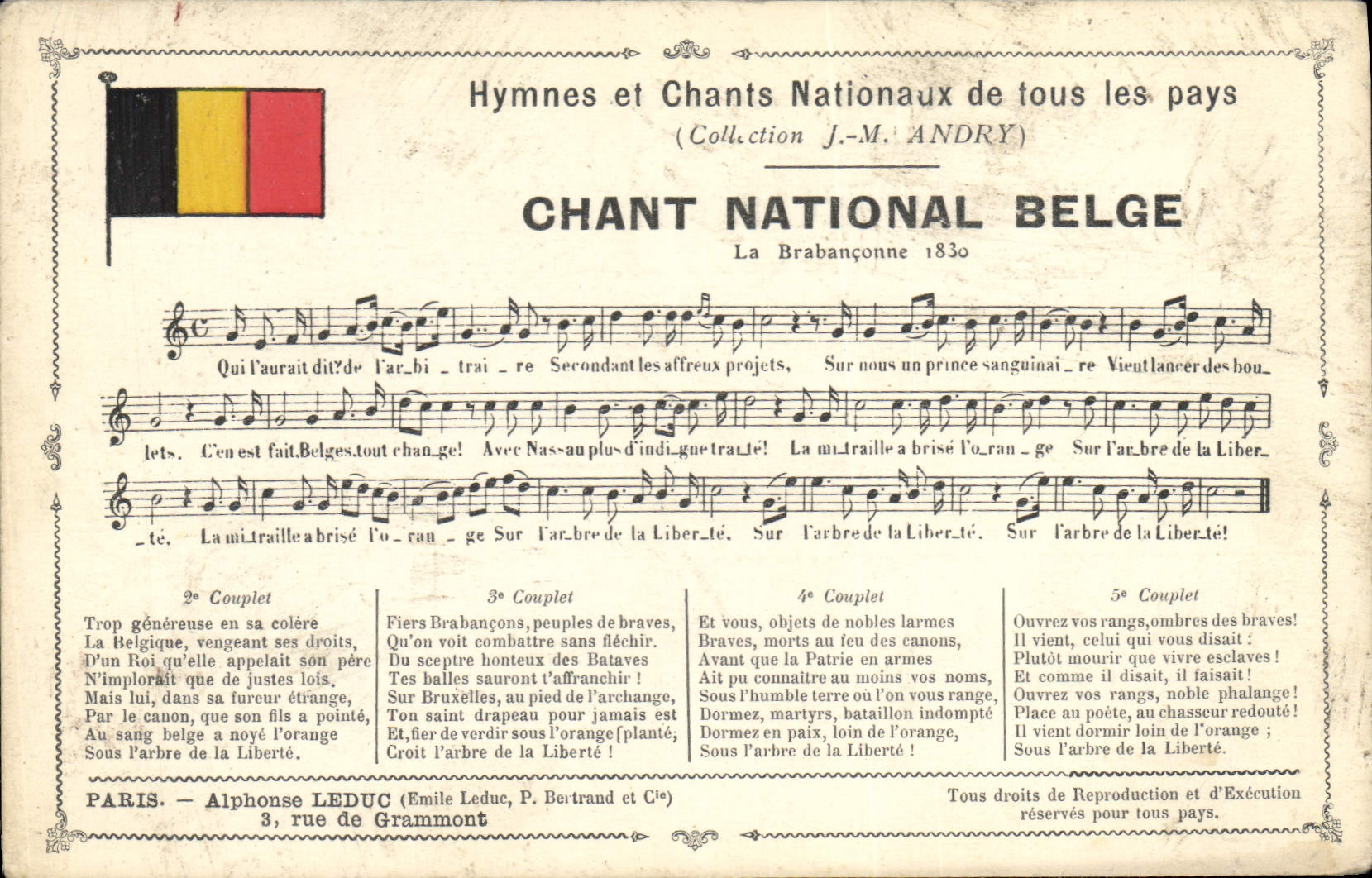 Belgian Vintage Postcard national Song Brabanconne